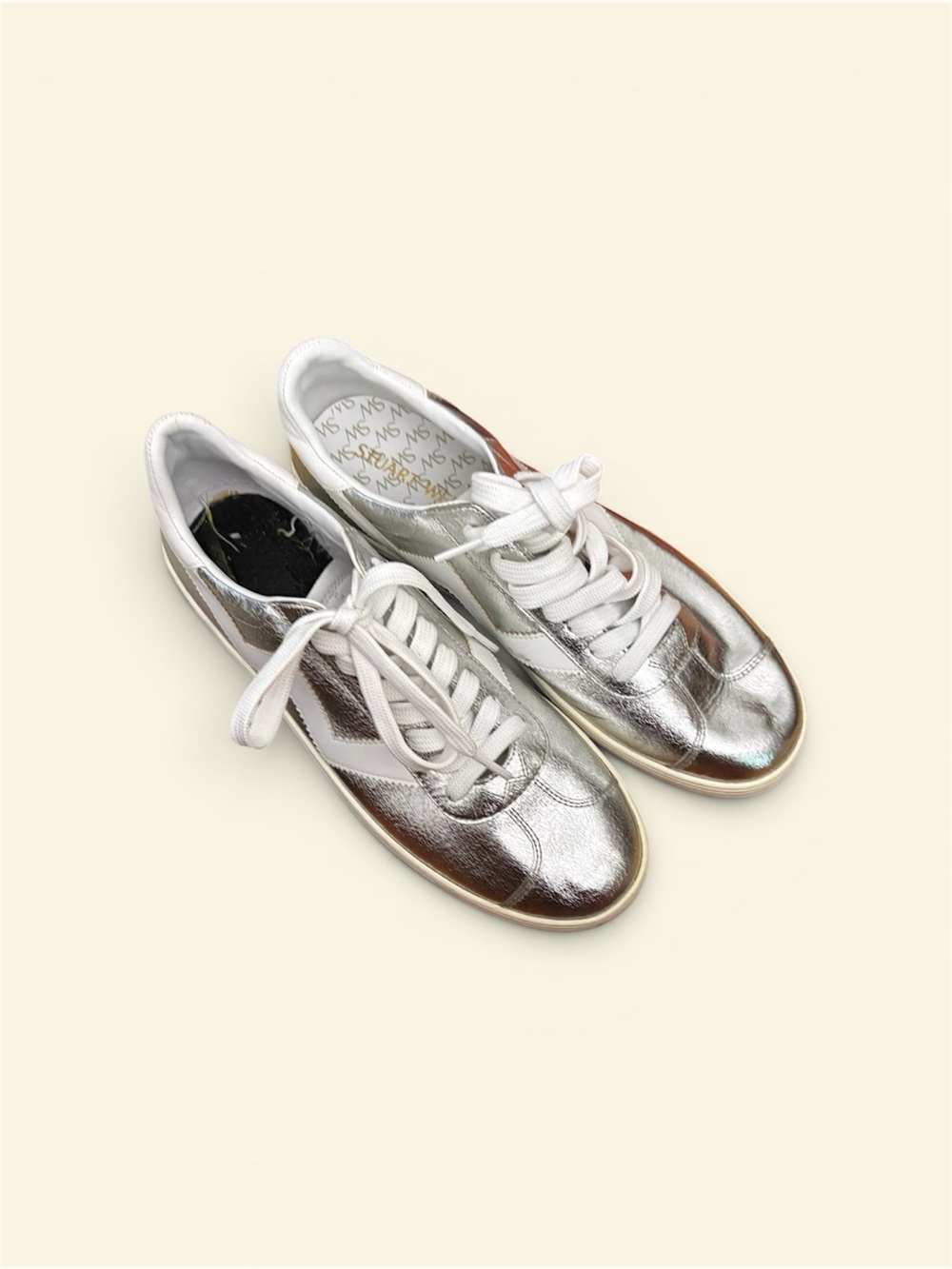 Stuart Weitzman Metallic Silver and White Sneakers